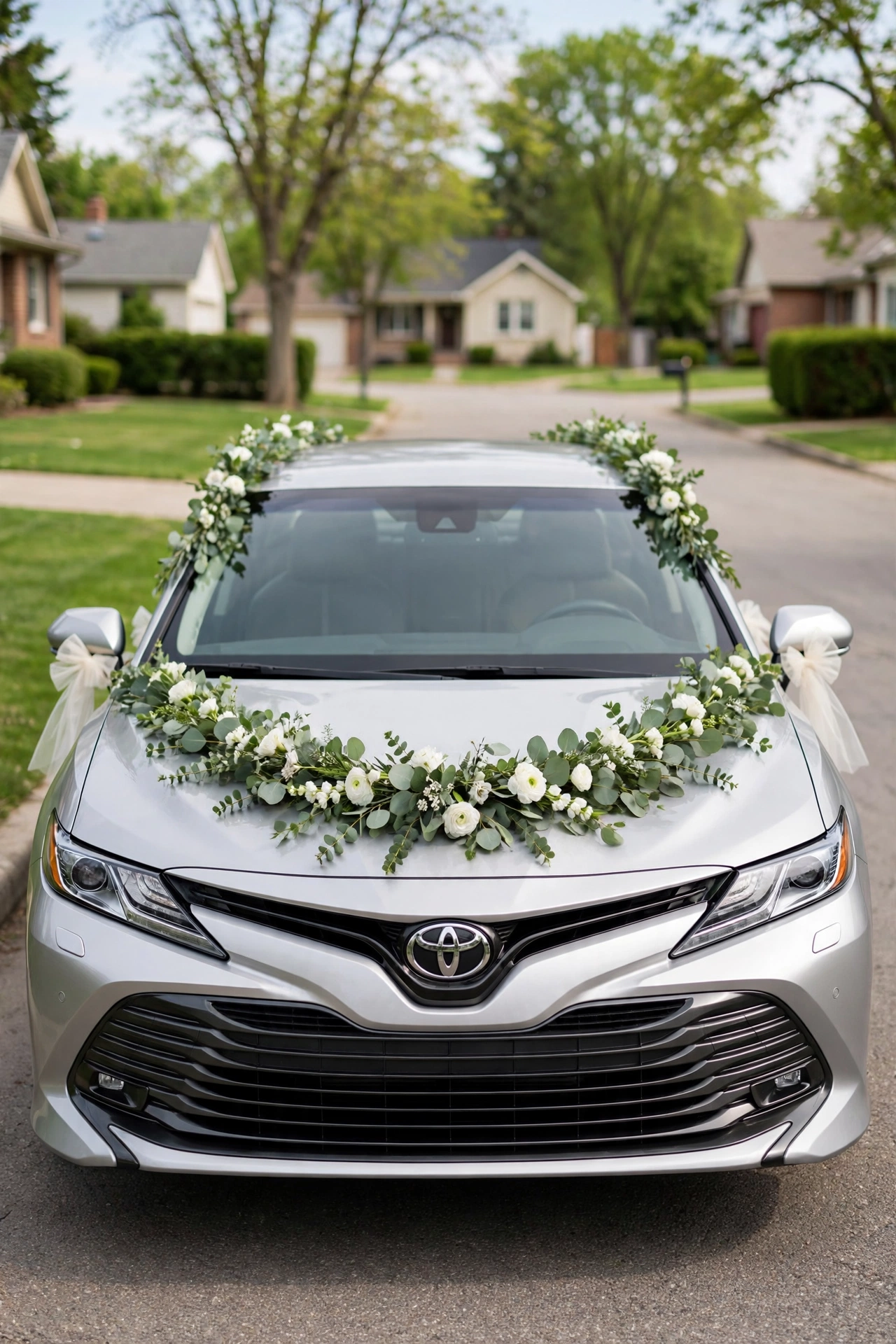 Silver Toyota Camry with eucalyptus garland wedding decoration