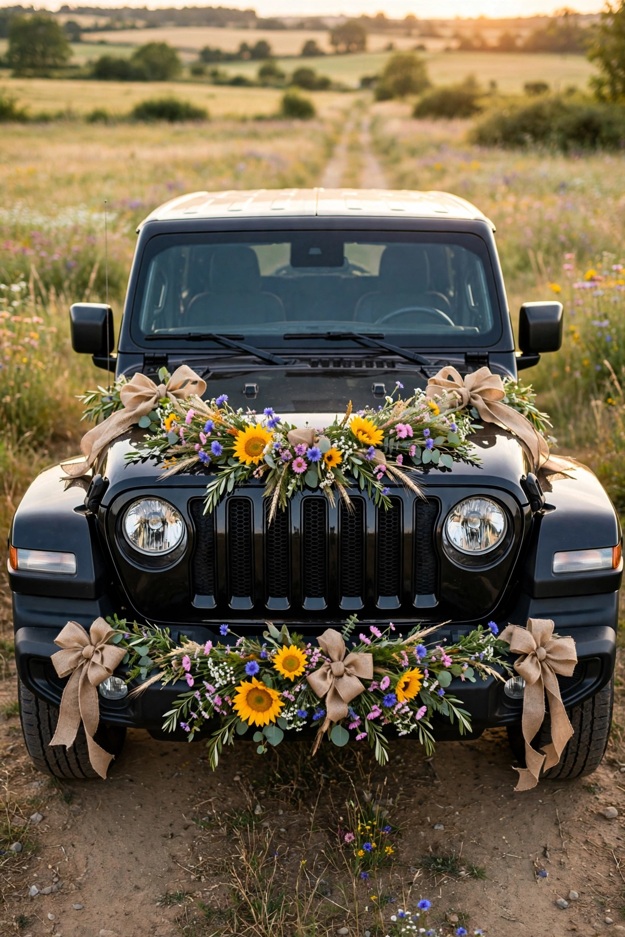 Black Jeep Wrangler with wildflower wedding decorations