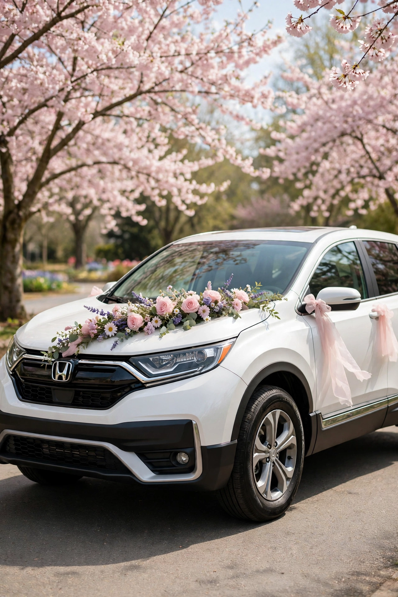 White Honda CR-V with pastel floral wedding garland
