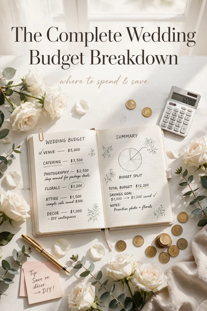 Wedding budget planner flatlay with notebook and calculator